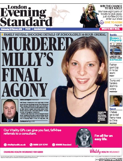 London Evening Standard Newspaper Front Page (UK) for 11 February 2016