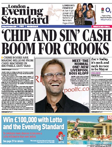 London Evening Standard Newspaper Front Page (UK) for 12 October 2015