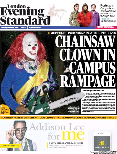 London Evening Standard Newspaper Front Page (UK) for 12 October 2016