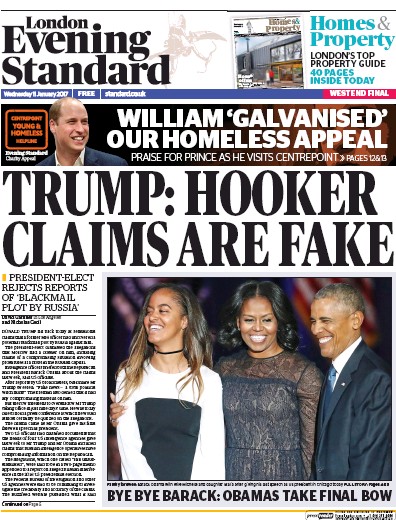 London Evening Standard Newspaper Front Page (UK) for 12 January 2017