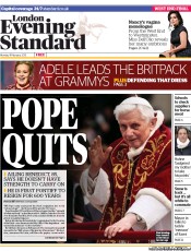 London Evening Standard Newspaper Front Page (UK) for 12 February 2013