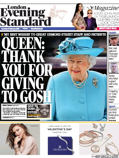 London Evening Standard Newspaper Front Page (UK) for 12 February 2016