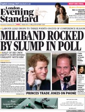 London Evening Standard Newspaper Front Page (UK) for 12 September 2013