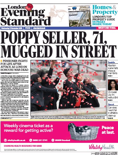 London Evening Standard Newspaper Front Page (UK) for 13 November 2015