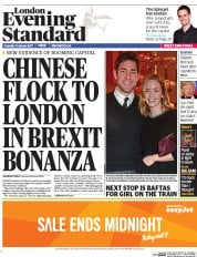 London Evening Standard (UK) Newspaper Front Page for 13 January 2017