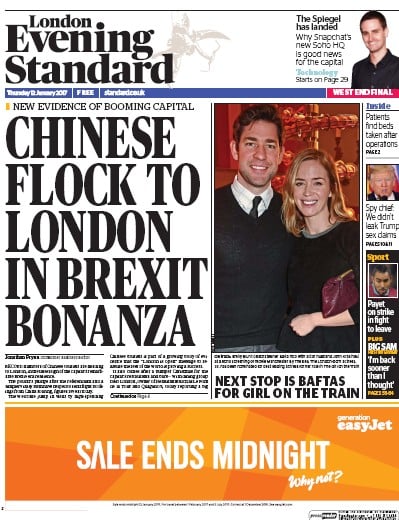 London Evening Standard Newspaper Front Page (UK) for 13 January 2017