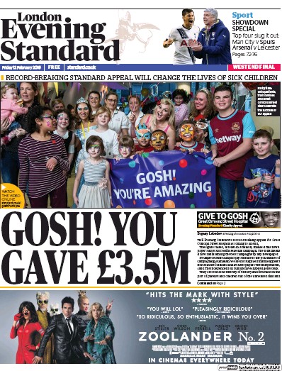 London Evening Standard Newspaper Front Page (UK) for 13 February 2016
