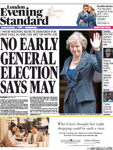 London Evening Standard Newspaper Front Page (UK) for 13 July 2016