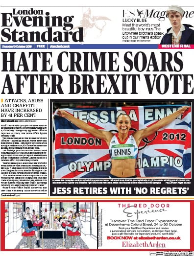 London Evening Standard Newspaper Front Page (UK) for 14 October 2016