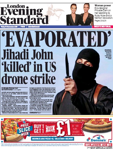 London Evening Standard Newspaper Front Page (UK) for 14 November 2015
