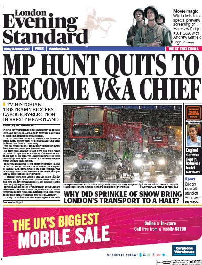 London Evening Standard Newspaper Front Page (UK) for 14 January 2017