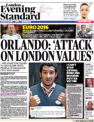 London Evening Standard Newspaper Front Page (UK) for 14 June 2016