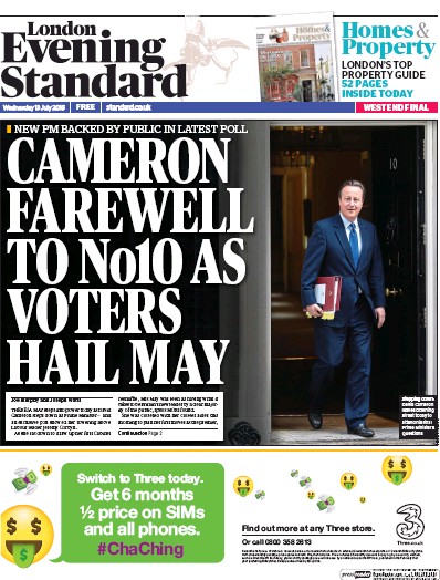 London Evening Standard Newspaper Front Page (UK) for 14 July 2016