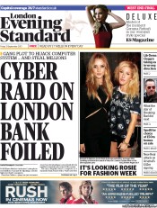 London Evening Standard Newspaper Front Page (UK) for 14 September 2013