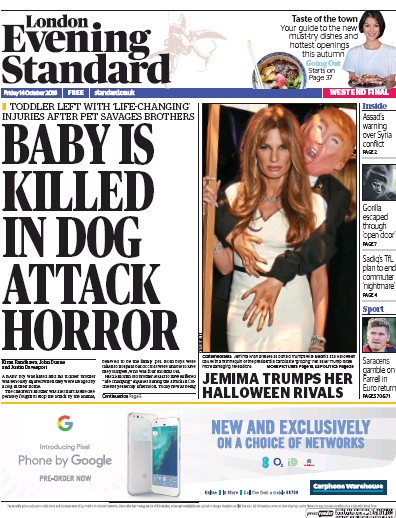 London Evening Standard Newspaper Front Page (UK) for 15 October 2016
