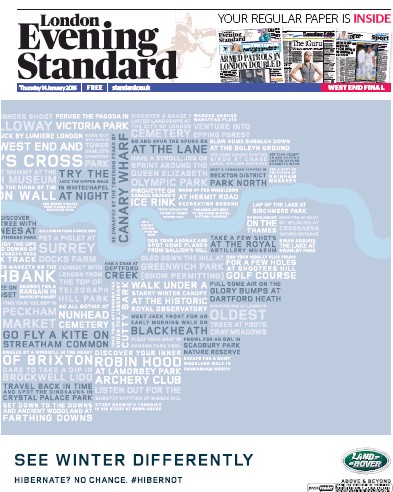 London Evening Standard Newspaper Front Page (UK) for 15 January 2016