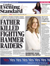 London Evening Standard Newspaper Front Page (UK) for 16 October 2013