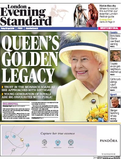 London Evening Standard Newspaper Front Page (UK) for 16 April 2016