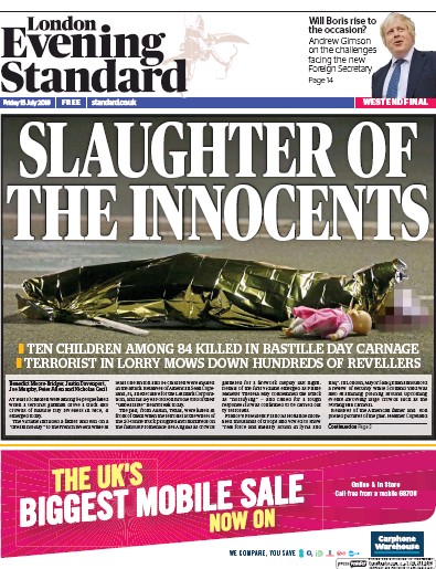 London Evening Standard Newspaper Front Page (UK) for 16 July 2016