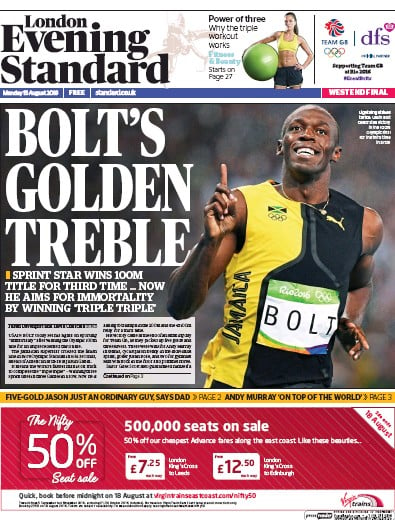 London Evening Standard Newspaper Front Page (UK) for 16 August 2016