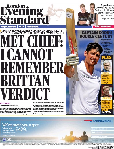 London Evening Standard Newspaper Front Page (UK) for 17 October 2015