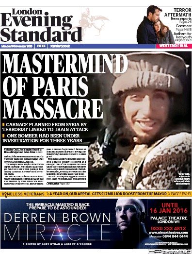 London Evening Standard Newspaper Front Page (UK) for 17 November 2015