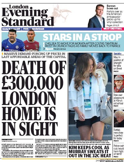 London Evening Standard Newspaper Front Page (UK) for 17 January 2017