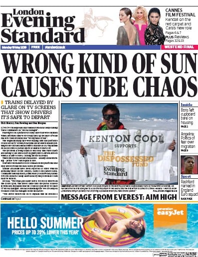London Evening Standard Newspaper Front Page (UK) for 17 May 2016