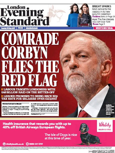London Evening Standard Newspaper Front Page (UK) for 17 May 2017