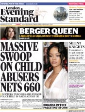 London Evening Standard Newspaper Front Page (UK) for 17 July 2014