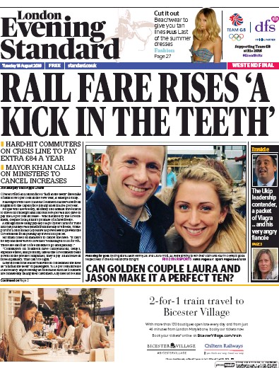 London Evening Standard Newspaper Front Page (UK) for 17 August 2016