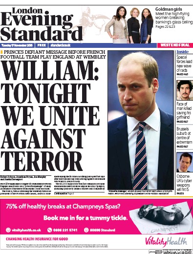 London Evening Standard Newspaper Front Page (UK) for 18 November 2015