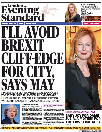 London Evening Standard Newspaper Front Page (UK) for 18 January 2017