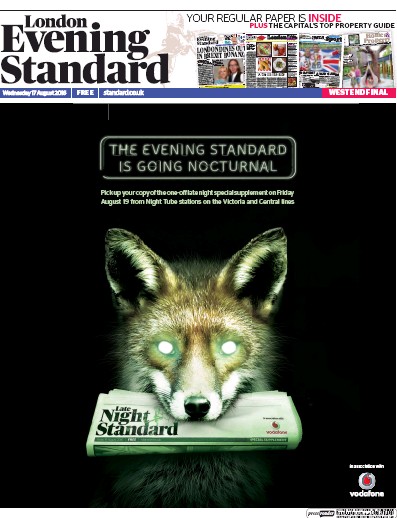 London Evening Standard Newspaper Front Page (UK) for 18 August 2016