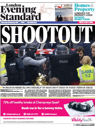 London Evening Standard Newspaper Front Page (UK) for 19 November 2015