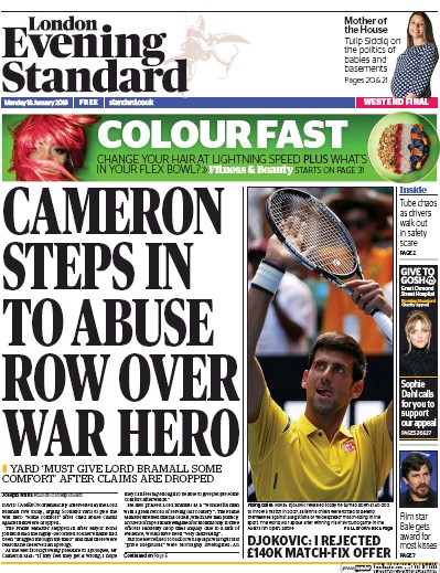 London Evening Standard Newspaper Front Page (UK) for 19 January 2016