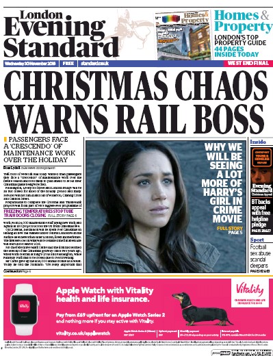 London Evening Standard Newspaper Front Page (UK) for 1 December 2016