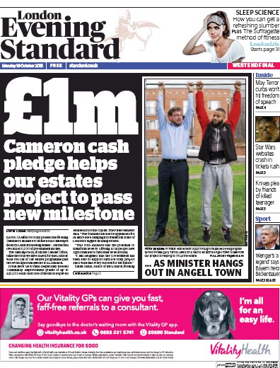 London Evening Standard Newspaper Front Page (UK) for 20 October 2015