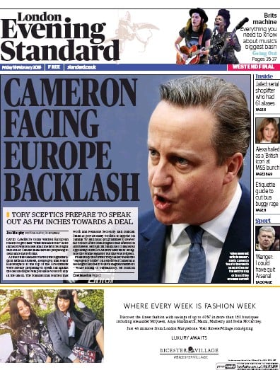 London Evening Standard Newspaper Front Page (UK) for 20 February 2016