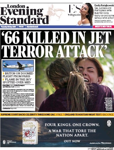 London Evening Standard Newspaper Front Page (UK) for 20 May 2016