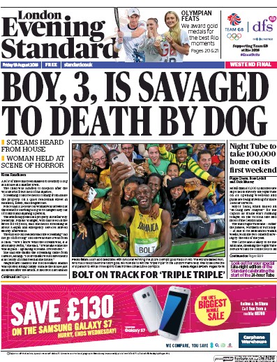 London Evening Standard Newspaper Front Page (UK) for 20 August 2016