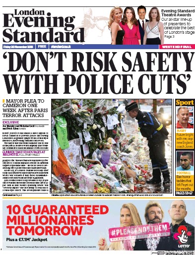 London Evening Standard Newspaper Front Page (UK) for 21 November 2015