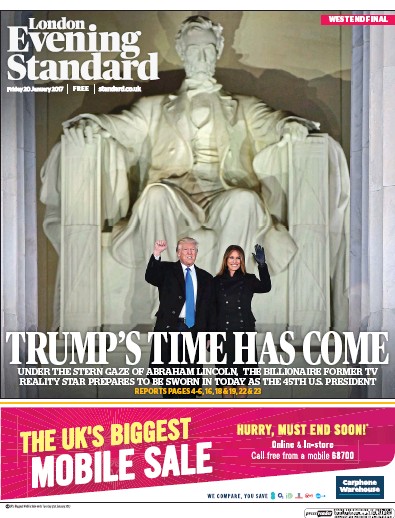 London Evening Standard Newspaper Front Page (UK) for 21 January 2017