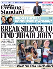 London Evening Standard Newspaper Front Page (UK) for 22 August 2014