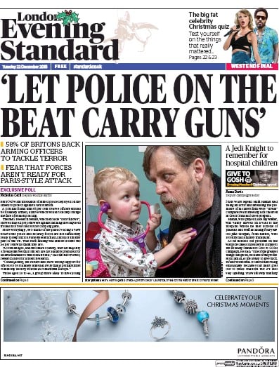 London Evening Standard Newspaper Front Page (UK) for 23 December 2015