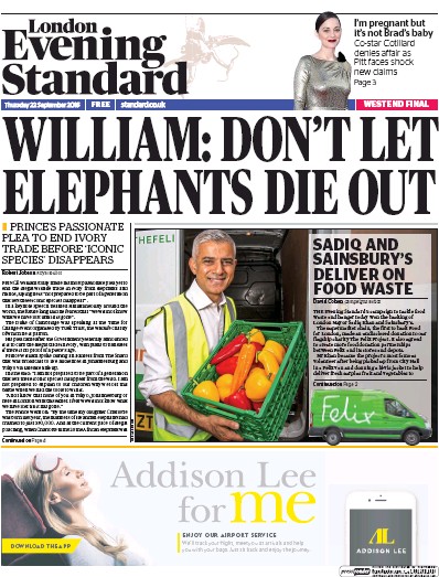 London Evening Standard Newspaper Front Page (UK) for 23 September 2016