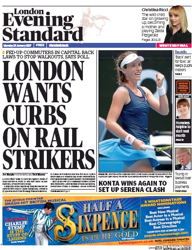 London Evening Standard Newspaper Front Page (UK) for 24 January 2017