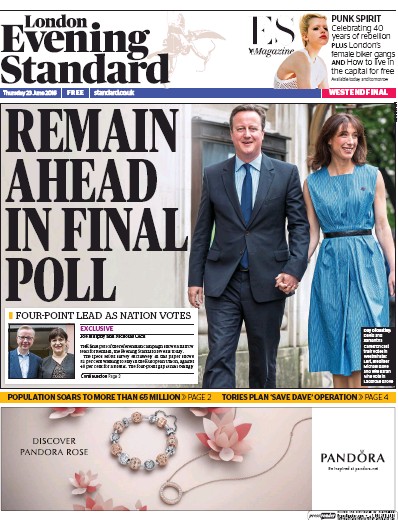 London Evening Standard Newspaper Front Page (UK) for 24 June 2016