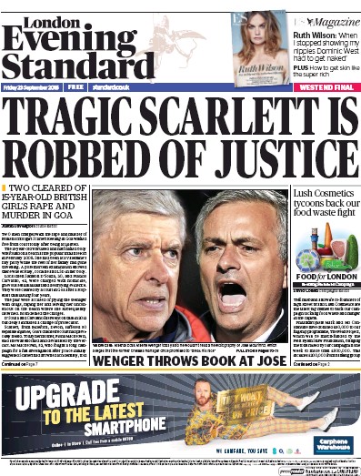 London Evening Standard Newspaper Front Page (UK) for 24 September 2016