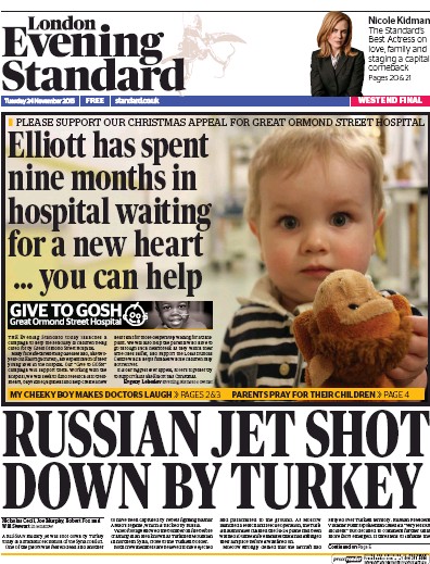 London Evening Standard Newspaper Front Page (UK) for 25 November 2015